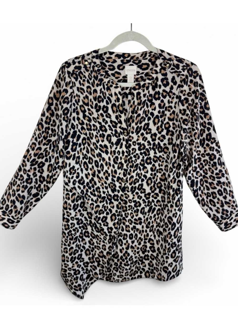 Chicos Leopard Print Button Front Blouse Tan Black Tunic Bold Loud Size 0 Small